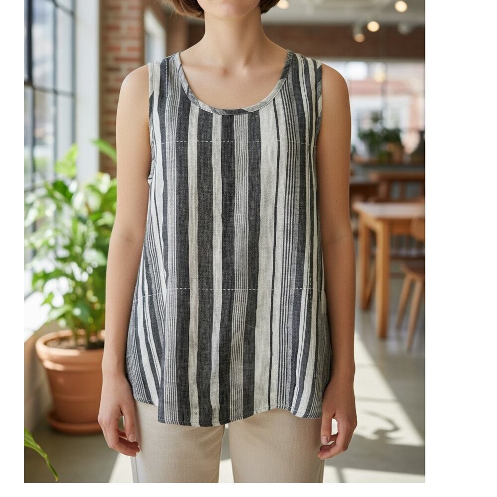 Flax Tan Off White Stripe Linen Sleeveless Top Small